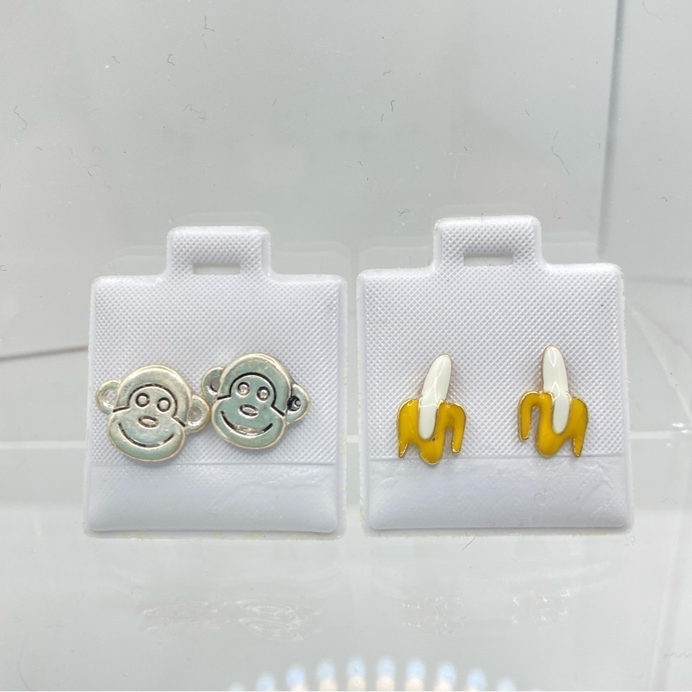 Monkey & Yellow/ White Enamel Banana Stud Pierced Earring Set